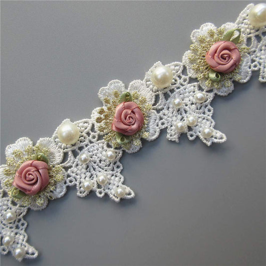 1 Yard Vintage Gold Pearl Rose Flowers Embroidered Lace Trim Fabric Floral Appliques Lace Ribbon Bridal Ornaments Handmade DIY Sewing Supplies Craft for Costume Hat Decoration 1.96" Wide