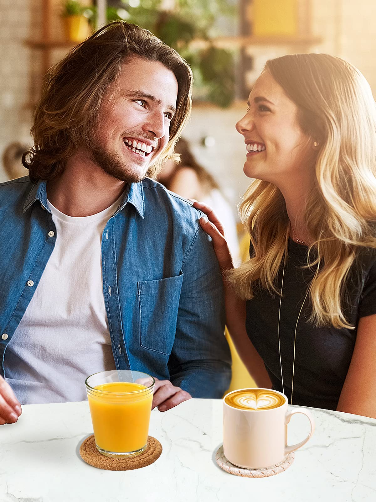 Handmade Woven Drink Coasters, 8 Pcs BOHO Coasters for Home Decor, Absorbent Farmhouse Cotton Table Coasters for Kinds of Cups New House Gift (4.3in, Yellow/Brown/White)