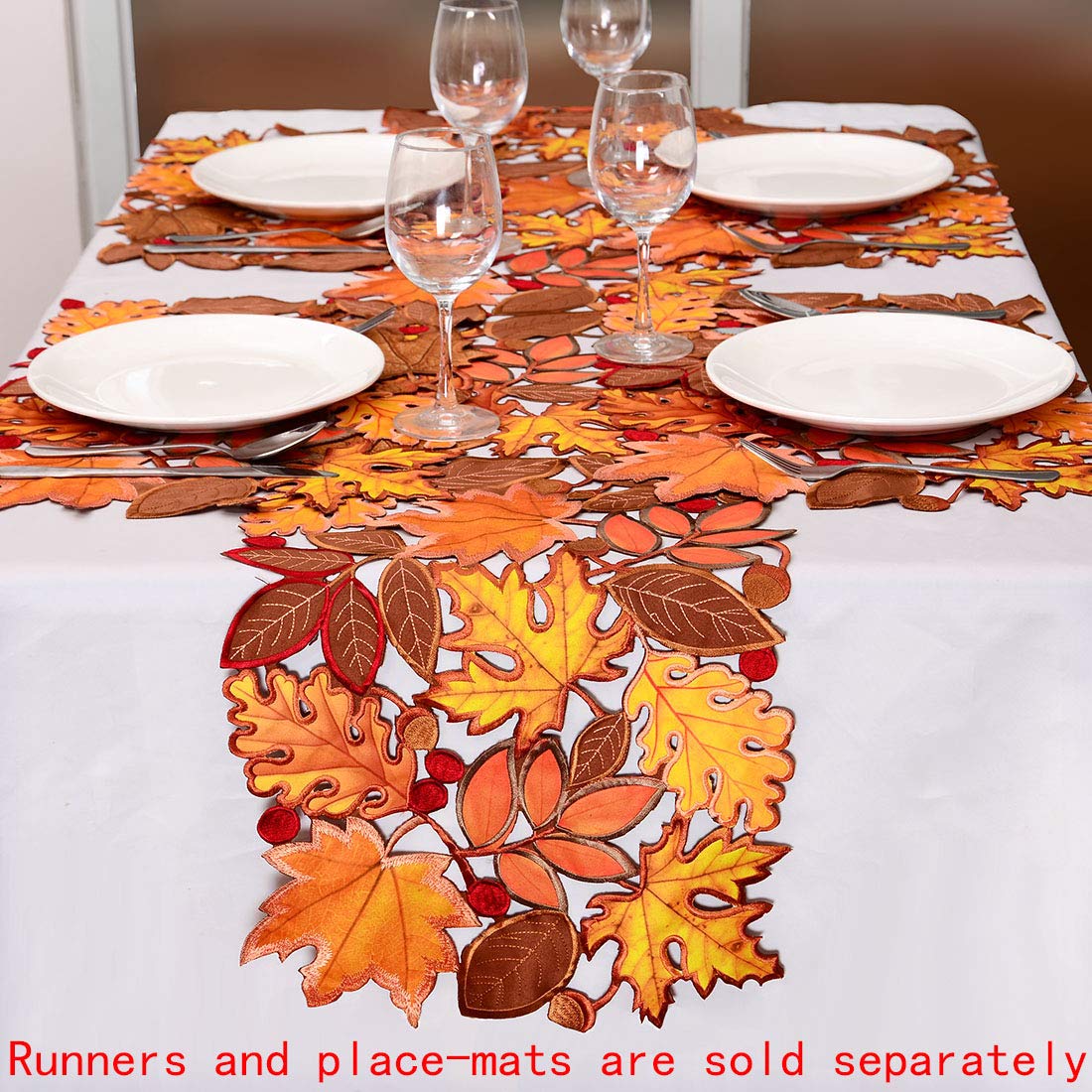 Embroidered Fall Leaves Table Runner for Thanksgiving, Autumn Harvest Decorations (14 × 68 inches)