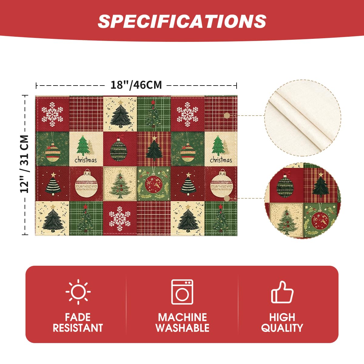 Xmas Trees Christmas Balls Placemats Set of 4, 12x18 Inch Table Mats for Winter New Year Holiday Party Kitchen Dining Decoration