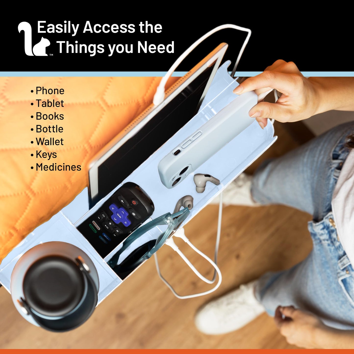 Squirrel-Bedside Perch, Floating Organizer with USB-C & A Charging Ports, Great Bedside Shelfie, Gift for teens and college freshman, for Gamers, Dorm room gifts. Assembly in 1 minute. Light Blue