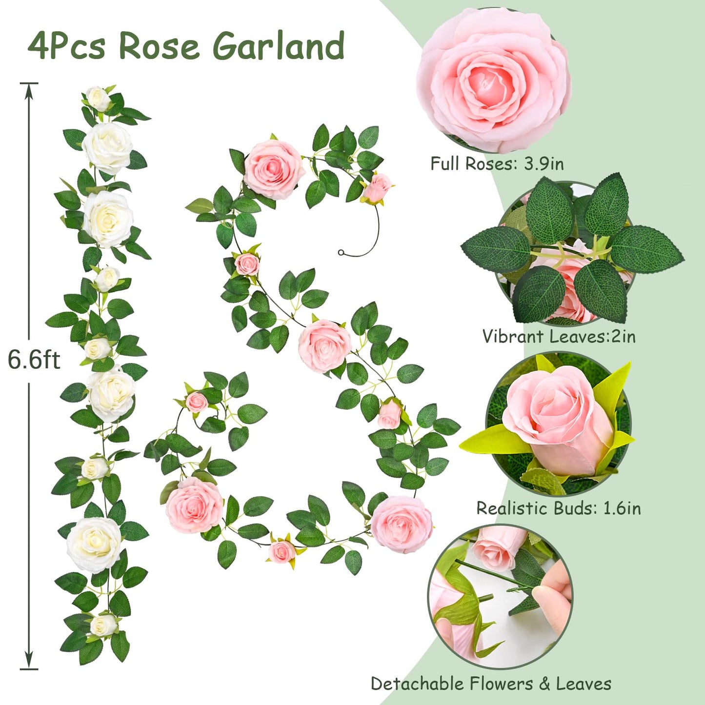 4 Pcs Flower Garland with 39.2 Ft Lights, 26.4 Ft Pink & White Floral Garland Fake Flowers for Wedding Arch Party Wall Garden Room Decor