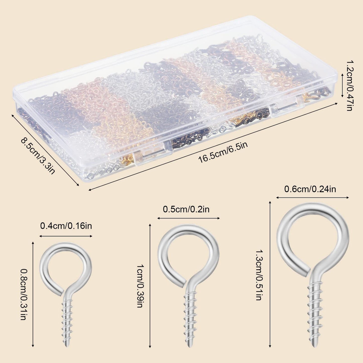 600 Pcs Screw Eye Pins Hooks 6 Colors Small Metal Eyelet Mini Screw Pin Peg Self Tapping Eye Hooks for Jewelry Making DIY Art Crafts(4 x 8 mm, 5 x 10 mm, 6 x 13 mm)