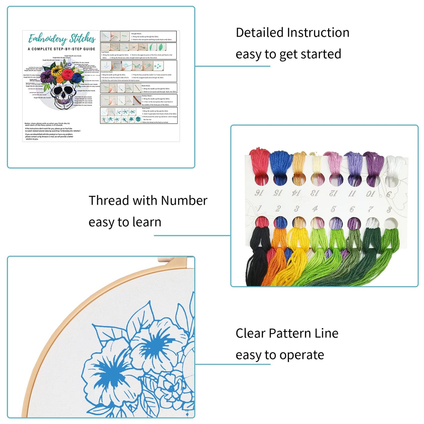 Nuberlic 3 Pack Halloween Skull Embroidery Kit for Adults Beginner Cross Stitch Kits for Starters with Skull Patterns Include 3 Hoop Cloth Thread Needles and Instructions