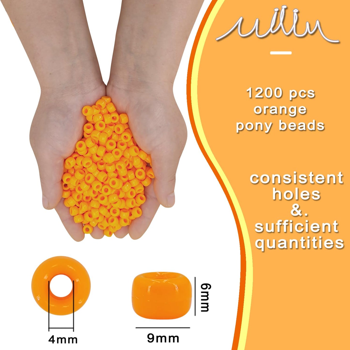 MIIIM 1200PCS 6x9mm Orange Pony Beads Bulk, Kandi Beads for Bracelets Making Kit, Hair Braids Crafts for Jewelry Making (Orange)