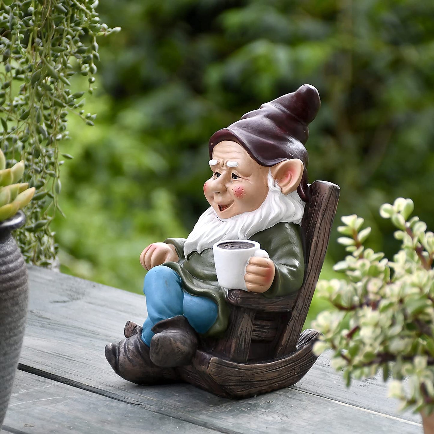 Gnome Statue for Garden, Drinking Gnome Figurine Ornament for Outdoor Patio Yard Lawn Decor 7" - Coffee