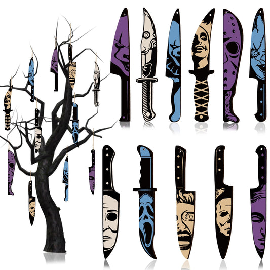 12pcs Horror Movie Decor Knife Hanging Halloween Tree Decorations - Wooden Halloween Ornaments Knife Shaped Pendants for Halloween Decorations Indoor Tree Window Wall Decor
