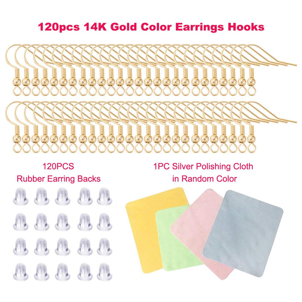 Earring Hooks for Jewelry Making - 120 pcs/60 Pairs Hypoallergenic 14K Gold Ear Wires Fish Hooks for Jewelry Making, Jewelry findings Parts with 120 pcs Rubber Earring Backs Stopper for DIY Earrings