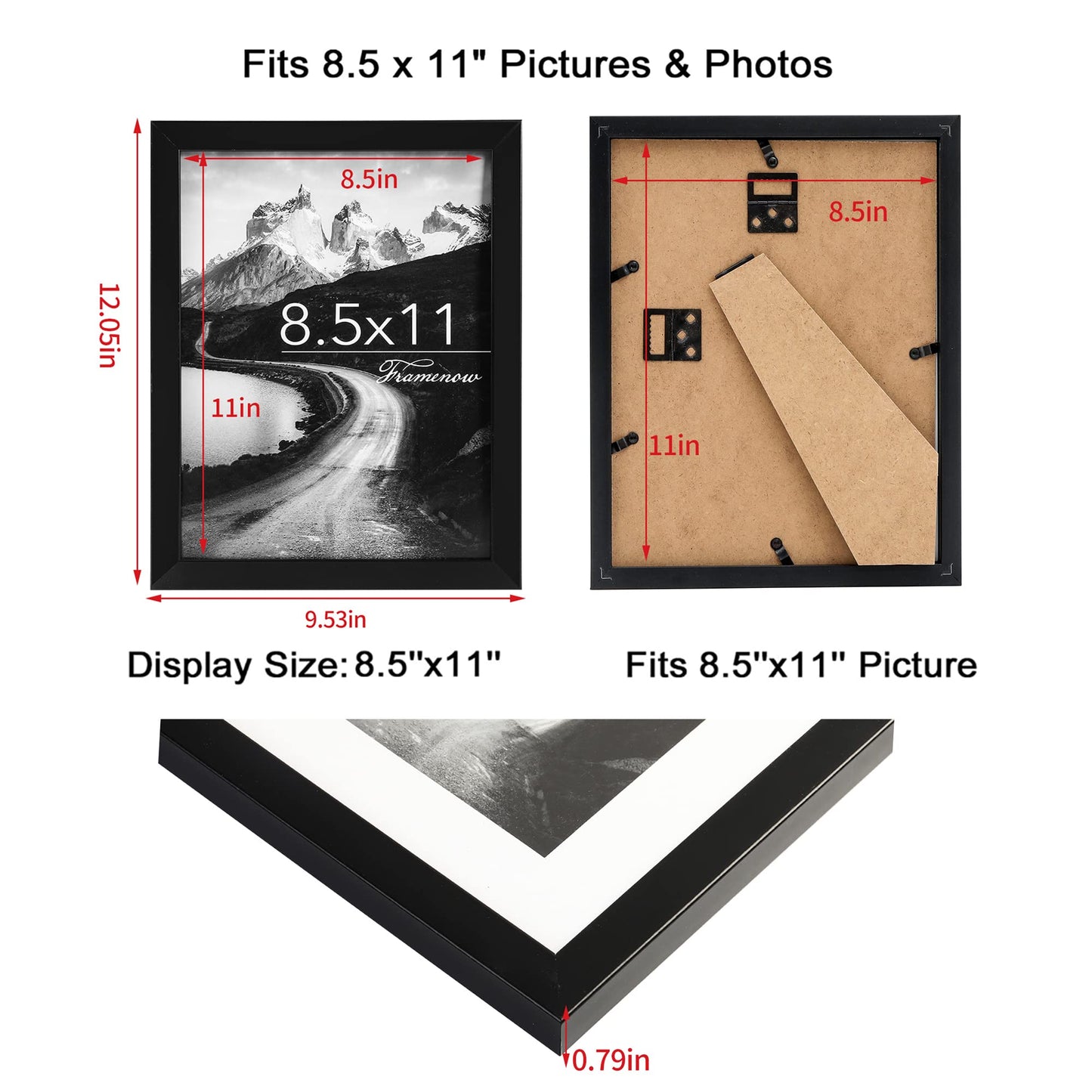 Framenow,8.5x11 Picture Frames Set of 3, Made of Real High Definition Glass and Solid Frame to Display Certificate or Pictures 8.5x11,To Wall and Tabletop Mounting, black. (8.5x11'')