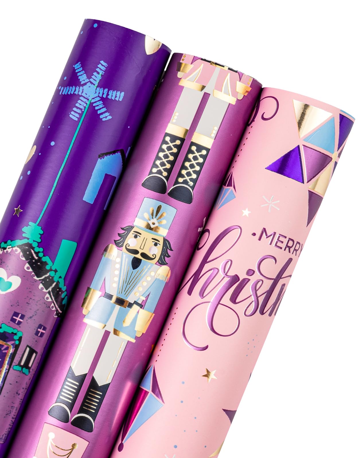 Christmas Wrapping Paper Roll - Mini Roll - 3 Rolls - 17 Inch X 120 Inch Per Roll - Pink and Purple Nutcracker, House Holiday Collection with Metallic Foil Shine