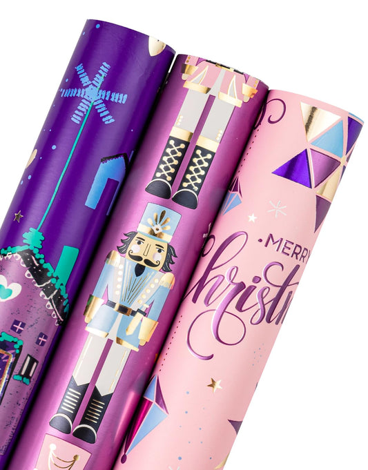 Christmas Wrapping Paper Roll - Mini Roll - 3 Rolls - 17 Inch X 120 Inch Per Roll - Pink and Purple Nutcracker, House Holiday Collection with Metallic Foil Shine