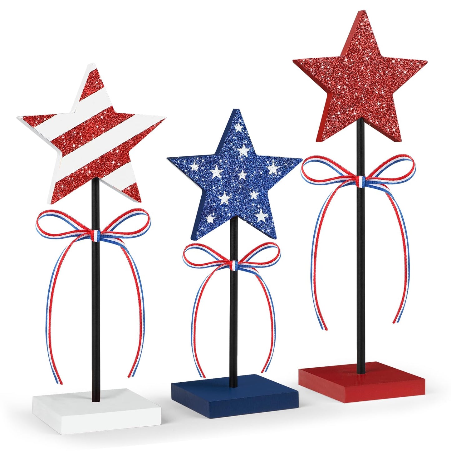 4th of July Tiered Tray Decor Wooden Star Set, 3 Pcs Memorial Day Table Decorations, Rustic Patriotic Tabletop Home Decor, Red White and Blue Decorations for Home (Shiny)