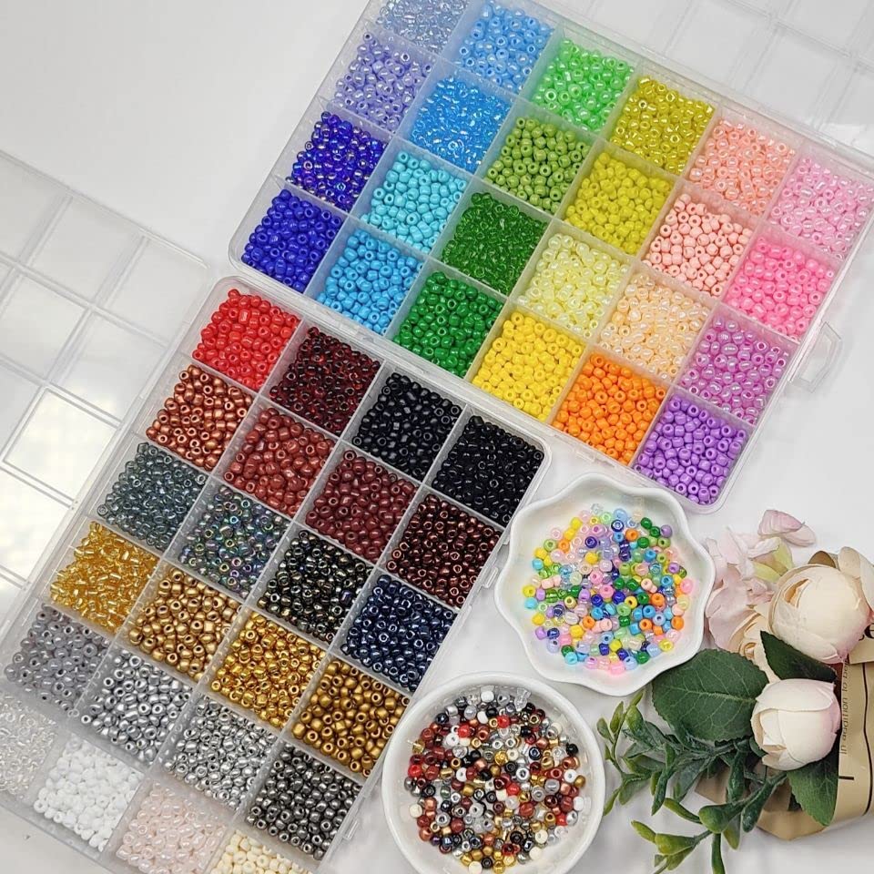 8600 pcs 4mm 6/0 48 Colors Glass Seed Beads, Charms Bracelet Jewelry Making Beads Kit Gifts Small Craft Glass Beads with Beading Elastic String for Bracelets Earrings Necklaces Making（48 Colors）