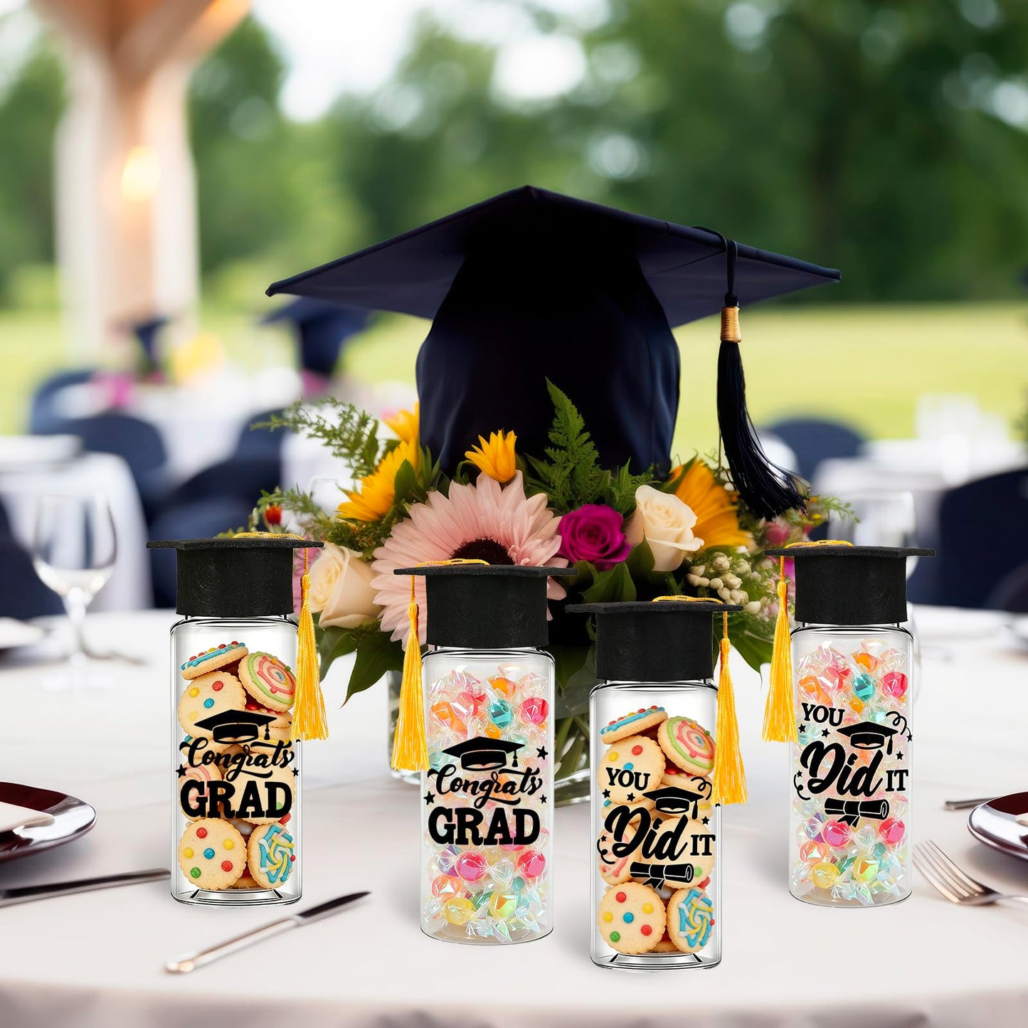 Whaline 20Pcs Graduation Plastic Cups with Lids and Felt Cap Decor Clear Party Drinking Cups Congrats Grad Reusable Tumblers for Graduation Party Supplies