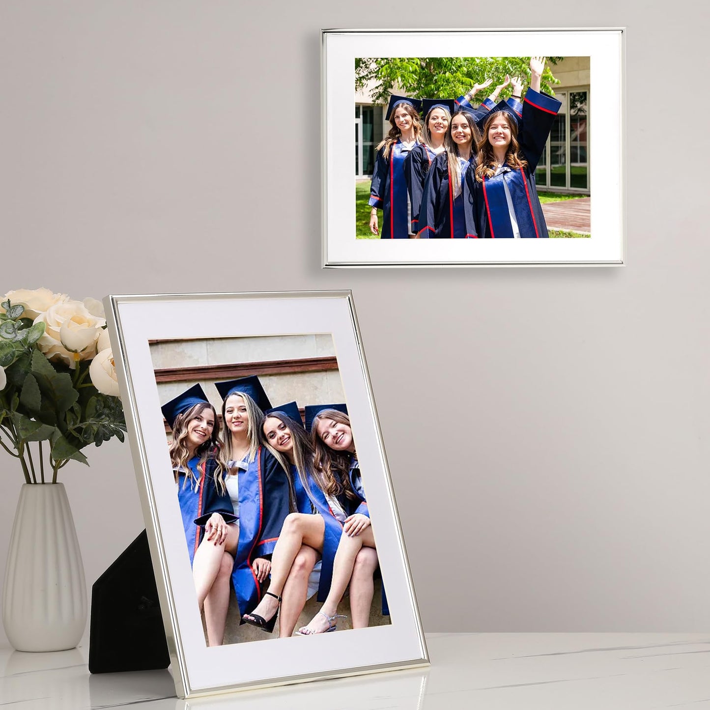 8.5x11'' Silver Metal Certificate Picture Frame with Mat for 7x9'' set of 2, Elegant Narrow Plated metal Ducoment Frames 8.5 x 11'' With Soft Touch Velvet Backing for Desktop