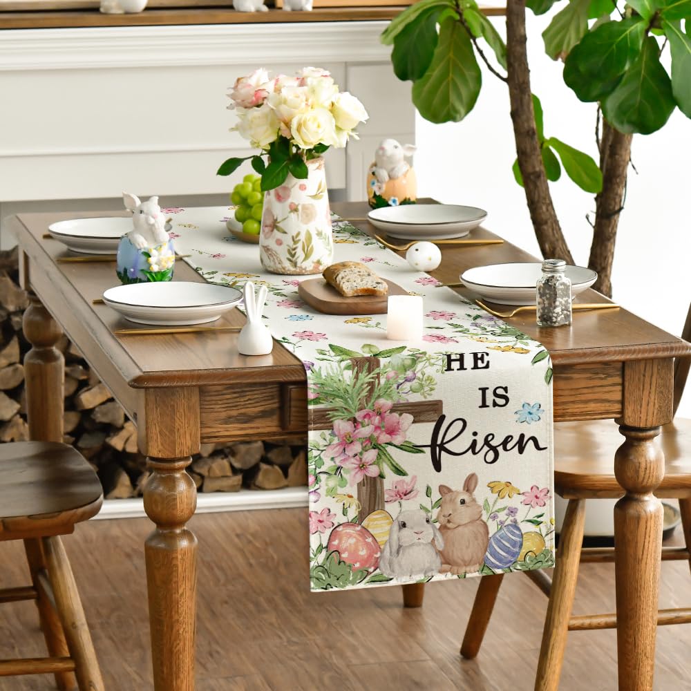 Bunny Rabbits Eggs He is Risen Easter Table Runner, Seasonal Spring Kitchen Dining Table Decoration for Home Party Decor 13x72 Inch