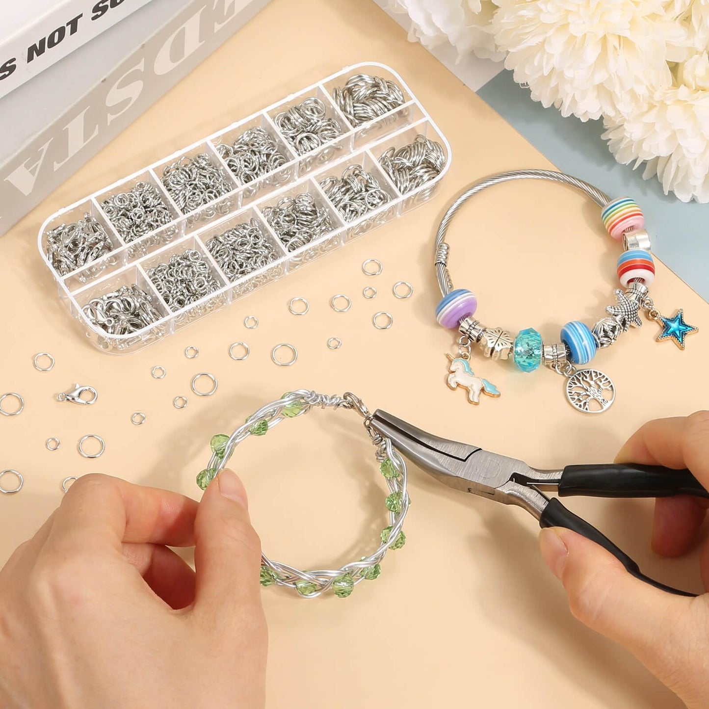 1200PCS Jump Rings for Jewelry Making Kit, Jump Rings and Necklace Clasps with Jump Ring Pliers Tools for Jewelry Making Supplies and Necklace Repair (Silver)