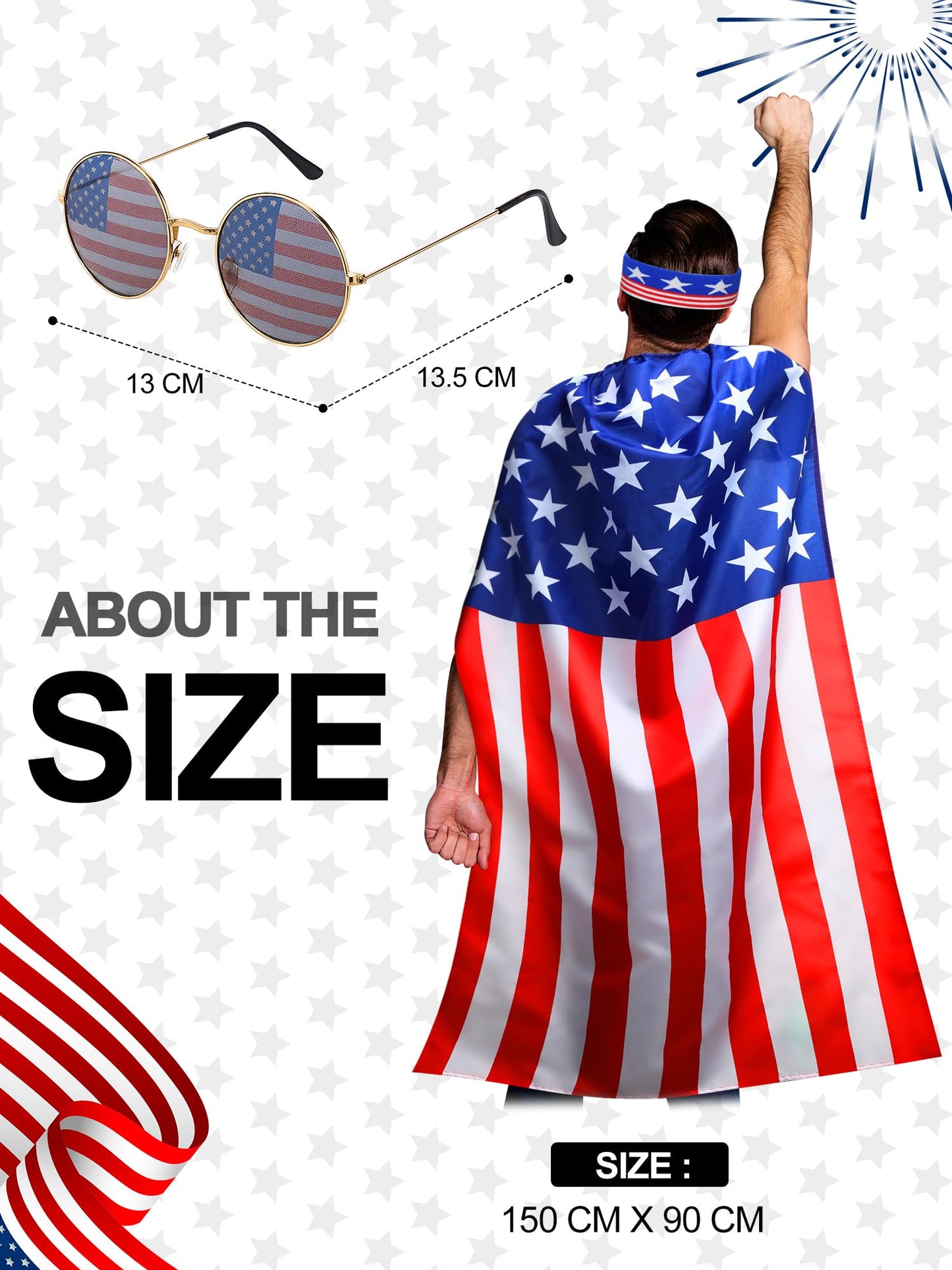 Frienda American Flag Costume Cape, 4th of July 250th Retro 80's USA Sunglasses and Flag Headband for 250th Anniversary(Popular Style)