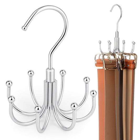 ZEDODIER Belt Organizer for Closet, Heavy-Duty Rotating Belt Hanger Rack Holds up to 24 Belts, Hanging Space Saving Metal Belt Holder for Closet Storage, Silver