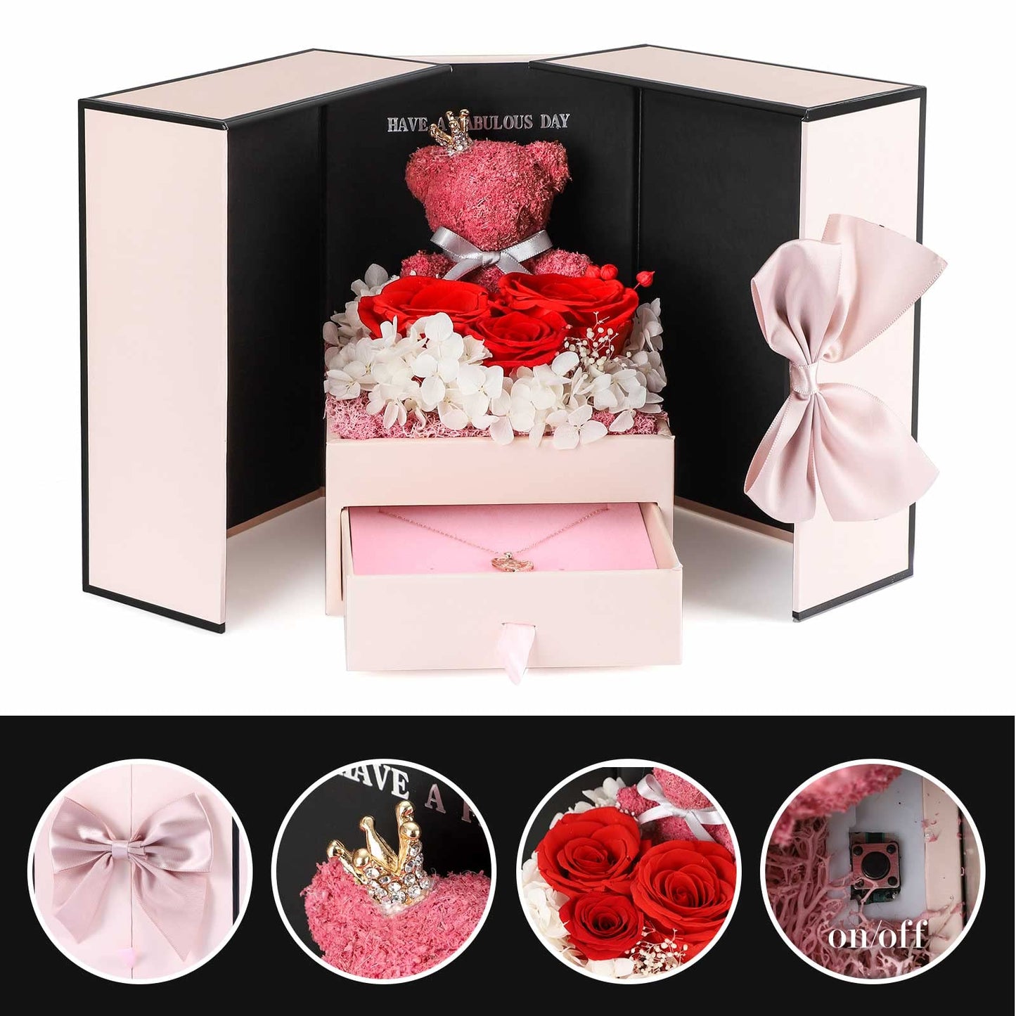 Rose Gifts for Women Birthday Christmas - Preserved Real Roses Forever Red Flowers with I Love You in 100 Languages Necklace and Cute Moss Bear for Girlfriend Wife Mom Grandma