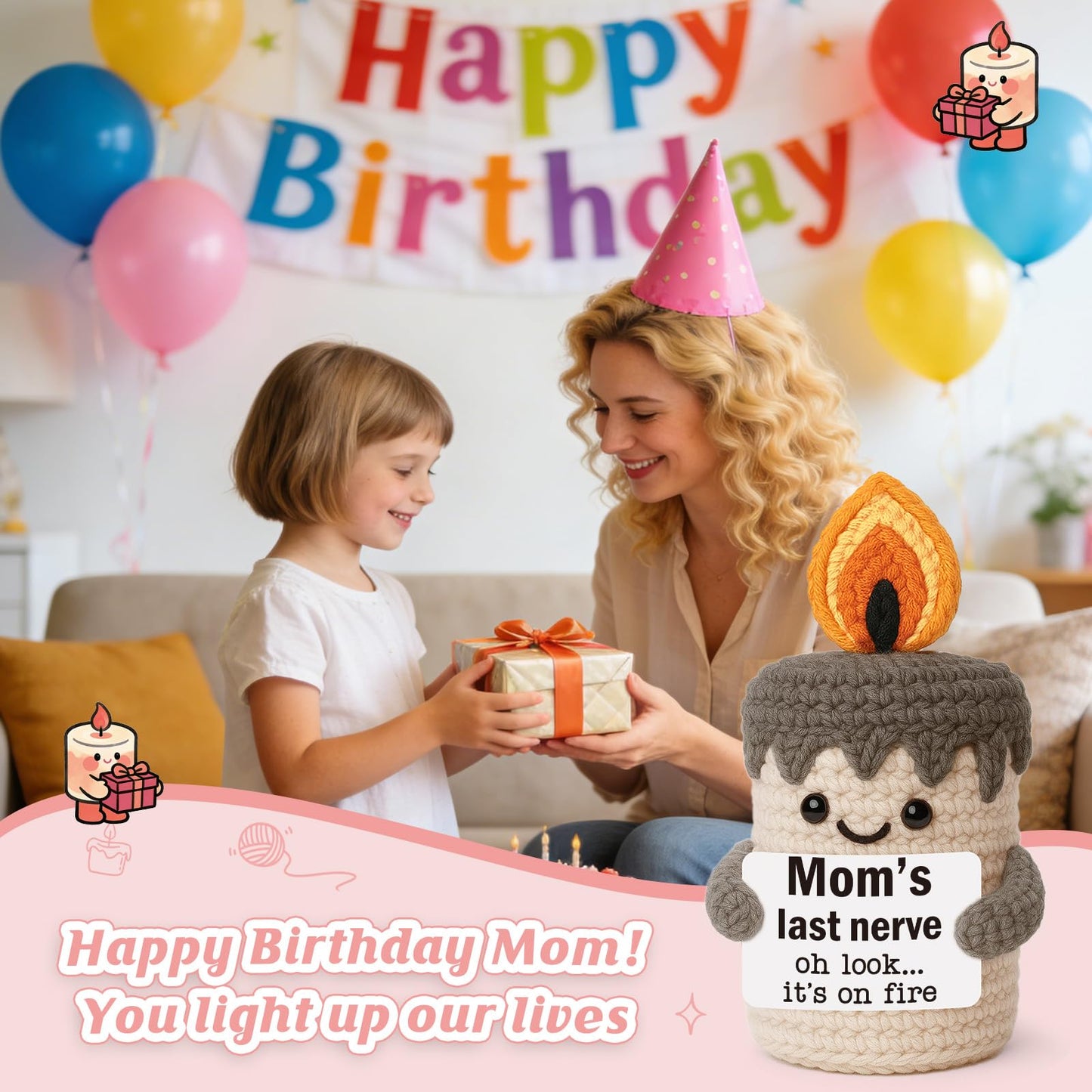 YUEYUQIU Funny Mom Gifts for Mothers Day - Birthday Gifts for Mom from Daughter Son, Cute Christmas Mother's Day Easter Candle Gift for Mother Mama Mommy - Handmade Crochet Mom's Last Nerve Candle