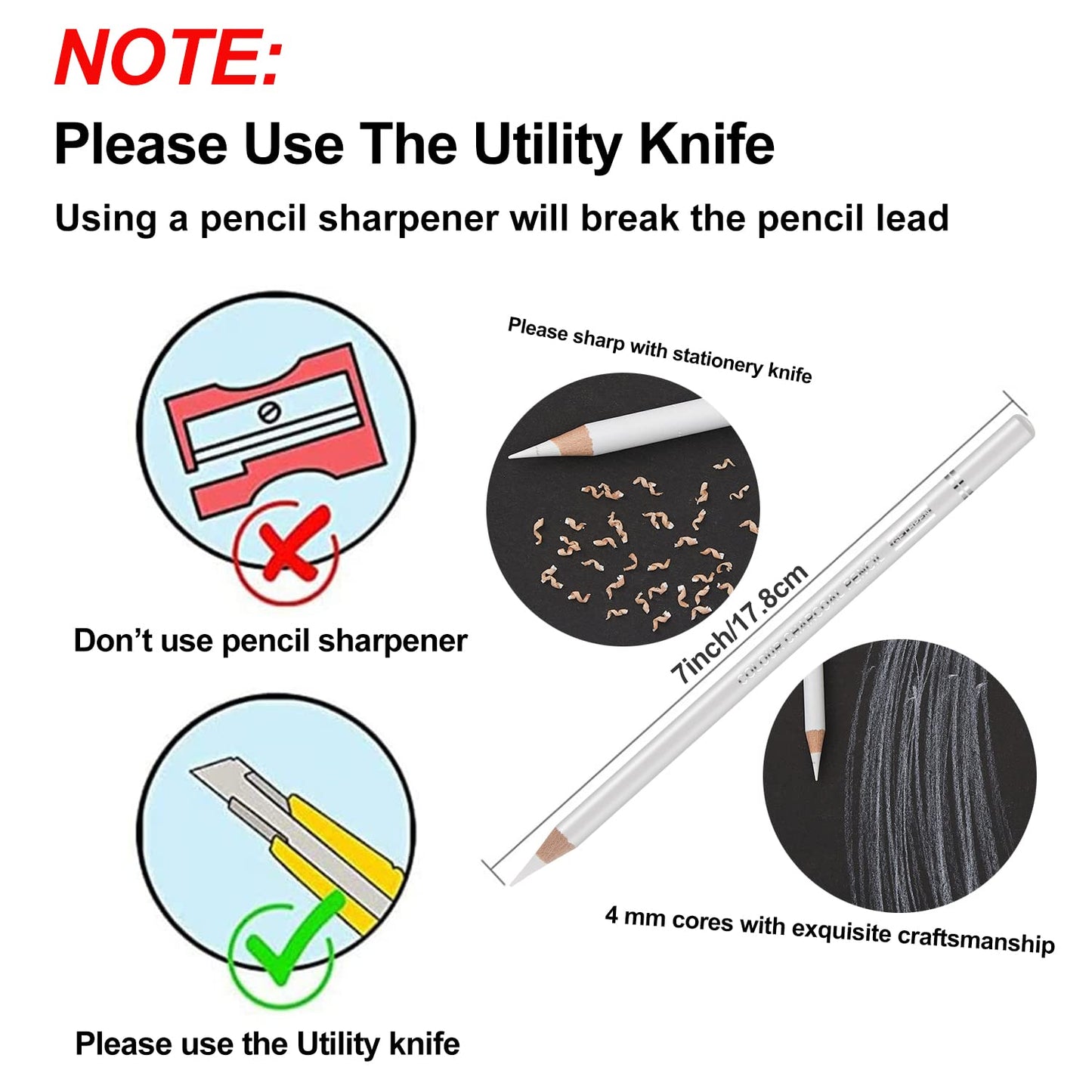 GETHPEN Professional White Charcoal Pencils Set - 6 Pieces Sketch Highlight White Pencils for Drawing, Sketching, Shading, Blending, White Chalk Pencils for Beginners & Artists