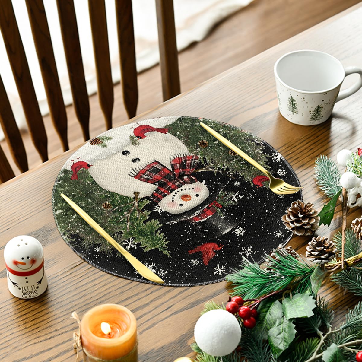 Snowman Trees Snowflakes Christmas Round Placemats Set of 4, 14 Inch Black Winter Round Table Mats for Dining Decoration