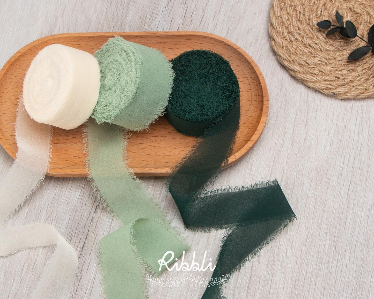 Green Ribbon 1 Inch x 3 Rolls Total 24 Yards Ivory/Sage/Forest Green Handmade Fringe Chiffon Silk Ribbon for Wrapping Wedding Invitations Bridal Bouquets DIY Crafts Home Decor
