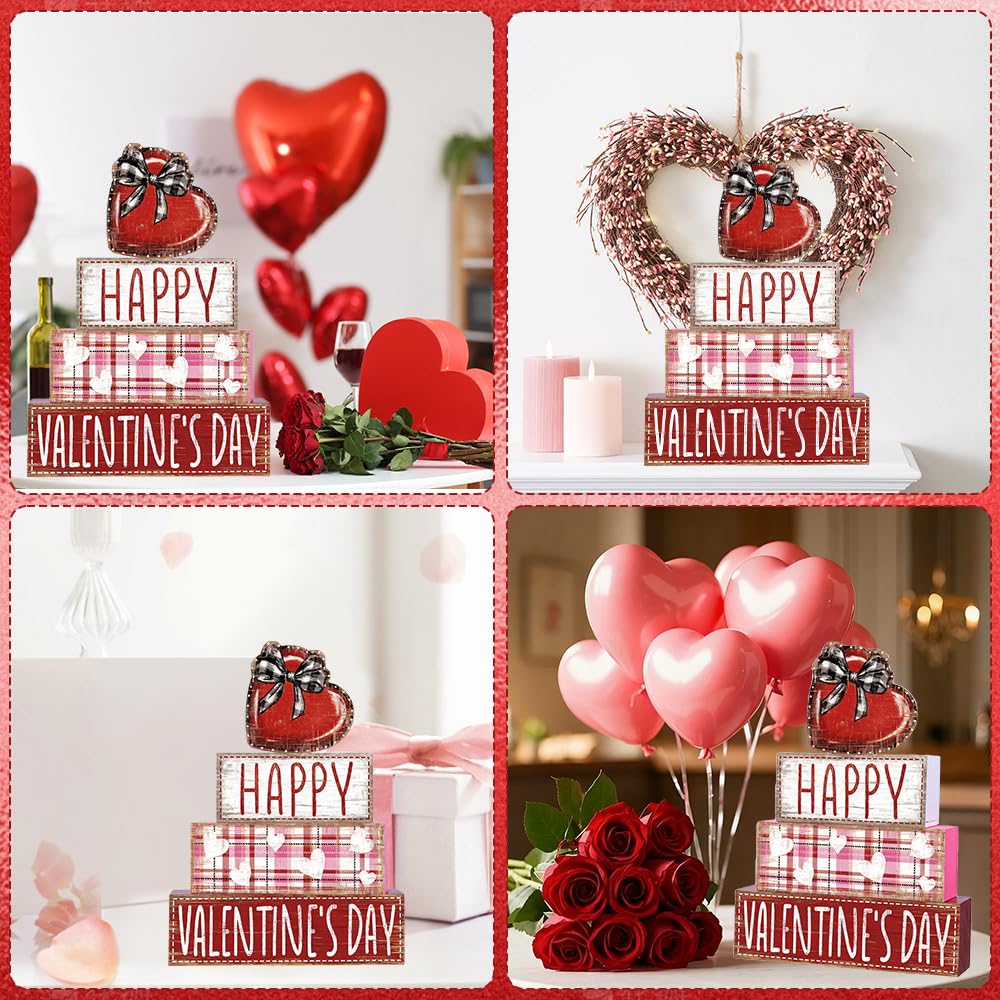 4Pcs Valentine's Day Table Decoration Valentine Heart Wooden Block Signs Rustic Valentines Tiered Tray Decor Happy Valentine's Day Centerpiece Sign for Farmhouse Holiday Tabletop Party Decor
