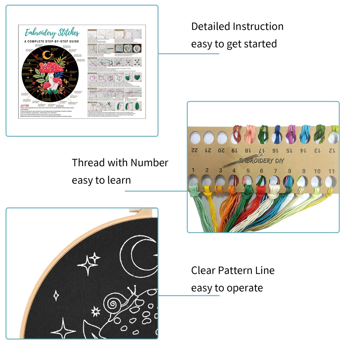 Nuberlic 3 Pack Embroidery Kit for Beginner Adults, Stamped Cross Stitch with Mushroom Patterns Include 3 Hoop, Cloth Thread Needles and Instructions