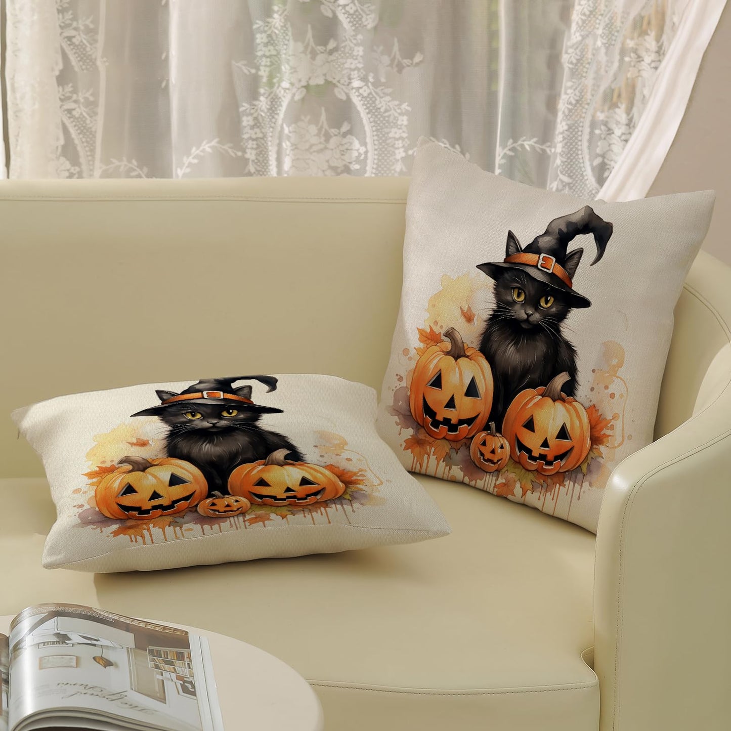 Halloween Pillow Covers 18x18 Set of 2 Black Cat Pumpkin Pillowcase Halloween Decorations Outdoor Throw Pillow Covers Linen Farmhouse Fall Thanksgiving Decor Cushion Case for Couch Home Sofa