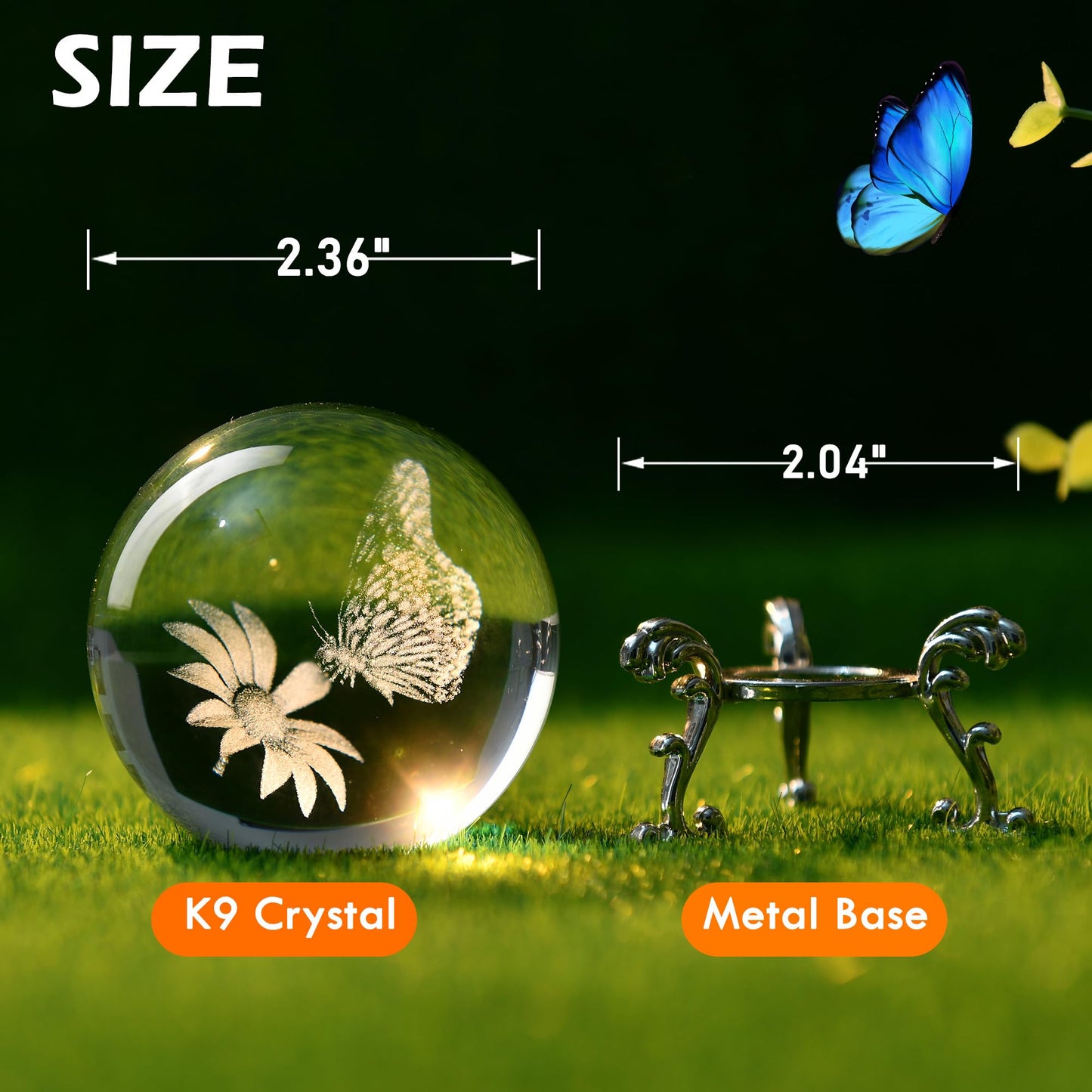 IFOLAINA 3D Butterfly Crystal Ball 60mm Gifts Ideas for Girlfriend Wife Mom Couple Her Butterfly on Sunflower in Glass Ball with Stand Flower Sphere Novelty Home Decor