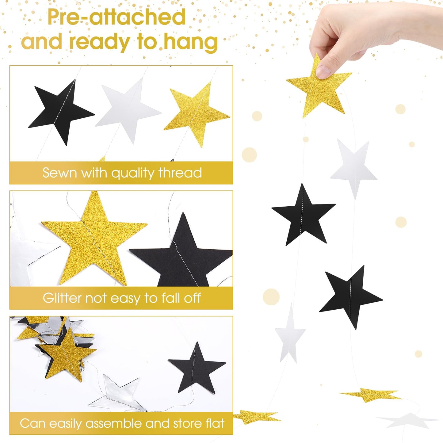 Patelai Glitter Star Garland Banner Decor, 130 Feet Bright Star Hanging Bunting Banner Backdrop for 2024 New Year Graduation Wedding Birthday Party Decor(Silver Gold Black)