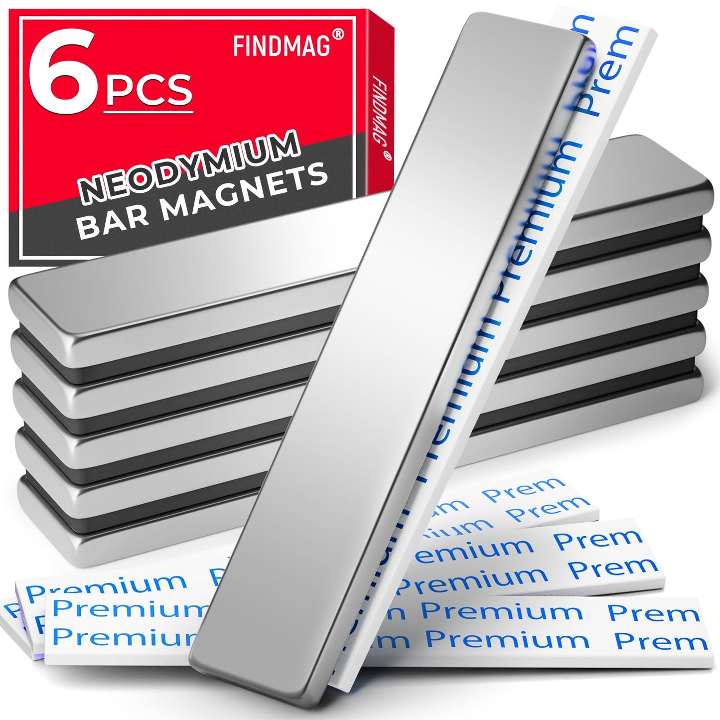 FINDMAG Neodymium Magnet, 6 Pack Bar Magnets Strong Heavy Duty Magnets with Adhesive Backing, Magnetic Strip Rare Earth Magnet for Crafts, Refrigerator, Door, Science- 60 x 10 x 3 mm, Silver