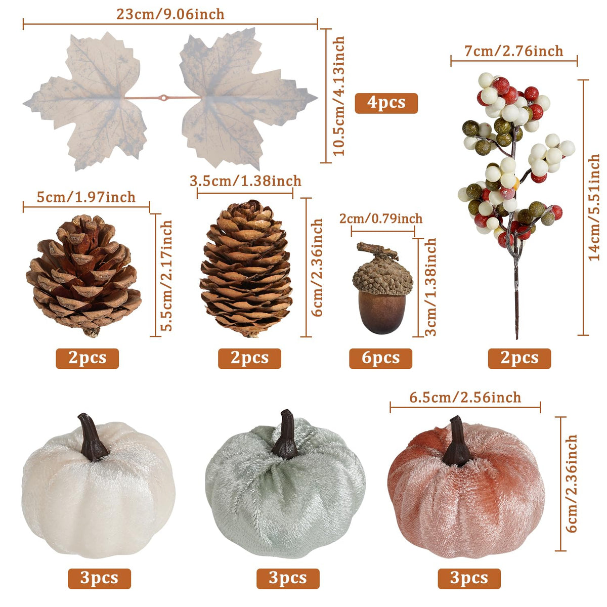 Artmag 25 PCS Pumpkin Decor Set, Artificial Fabric Pumpkins Decor with Acorns, Pinecones, Berries, Maple Leaves for Fall Halloween Thanksgiving Decorations Home Table