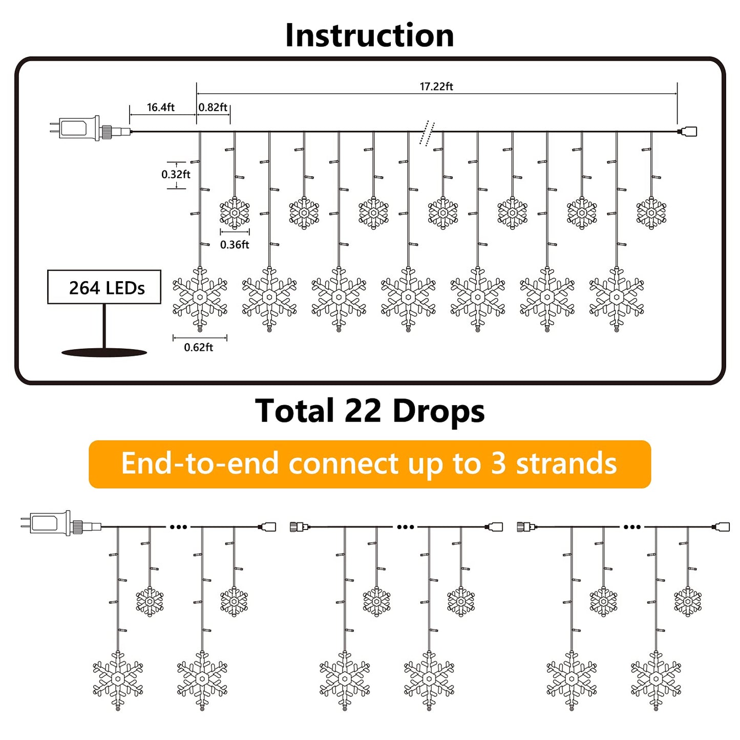 Christmas Snowflake Lights Outdoor, 17.22ft 264 LED Snowflake Icicle Lights with 22 Drops, Connectable, 8 Modes Waterproof White Christmas Light for Curtain, Eaves, Window, Xmas Decorations