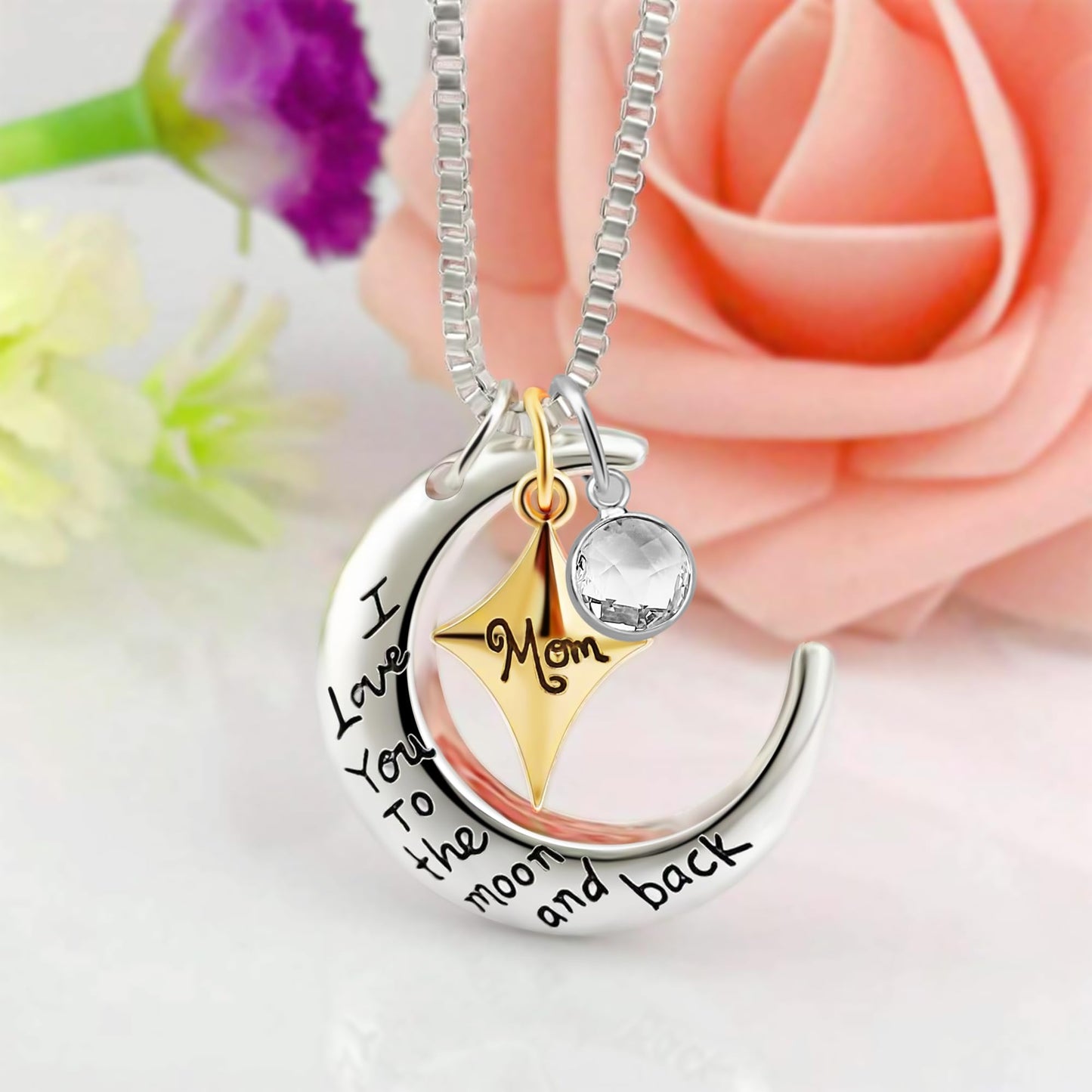 POWER WING Mom Necklaces for Women I Love You to The Moon and Back April Birthstone Necklace Birthday Gifts for Mom Mothers Day Gifts for Women