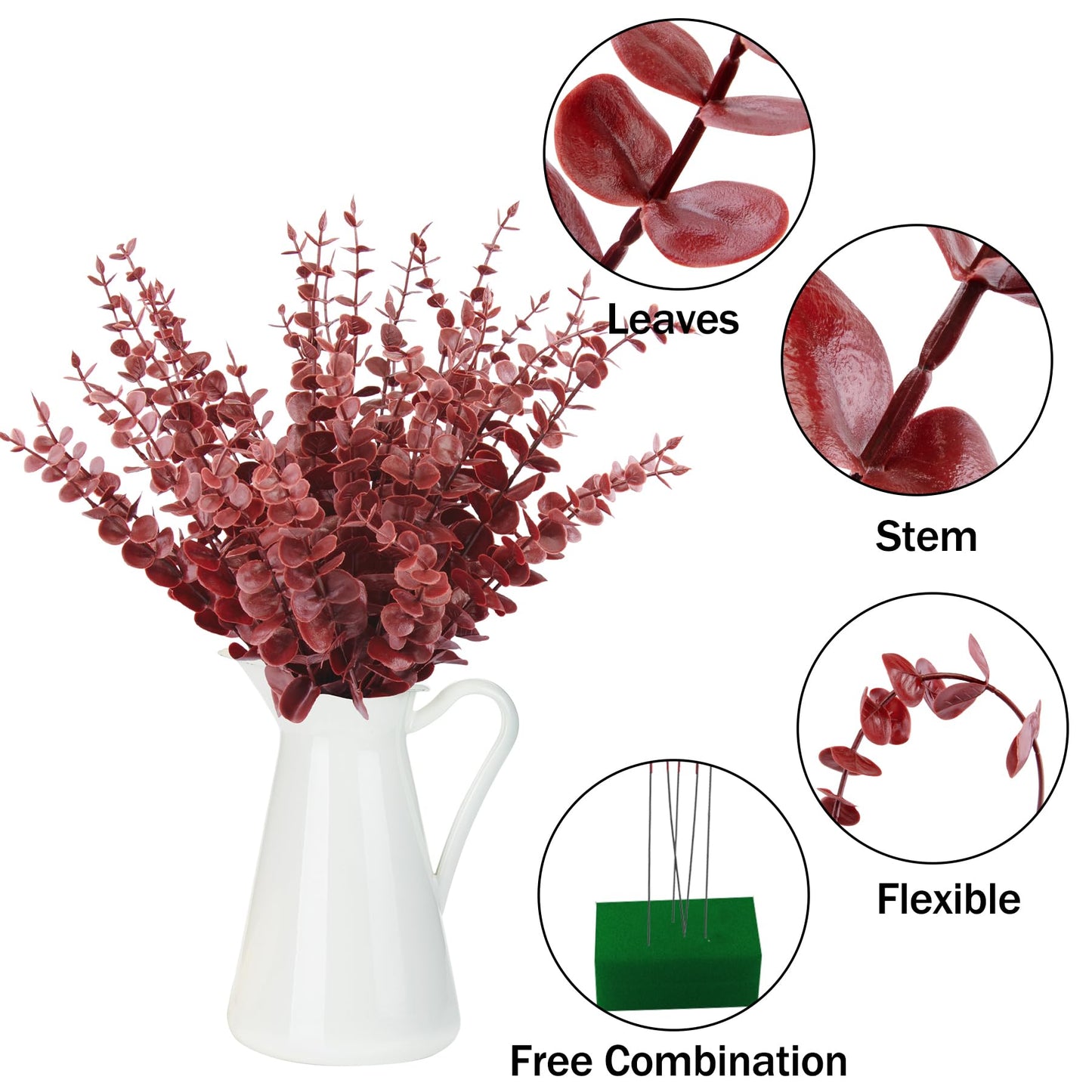 FEQO 36 Pcs Dark Red Eucalyptus Stems Artificial Leaves Faux Eucalyptus Stems Branches 15 inch for Wedding Bouquet Home Decor