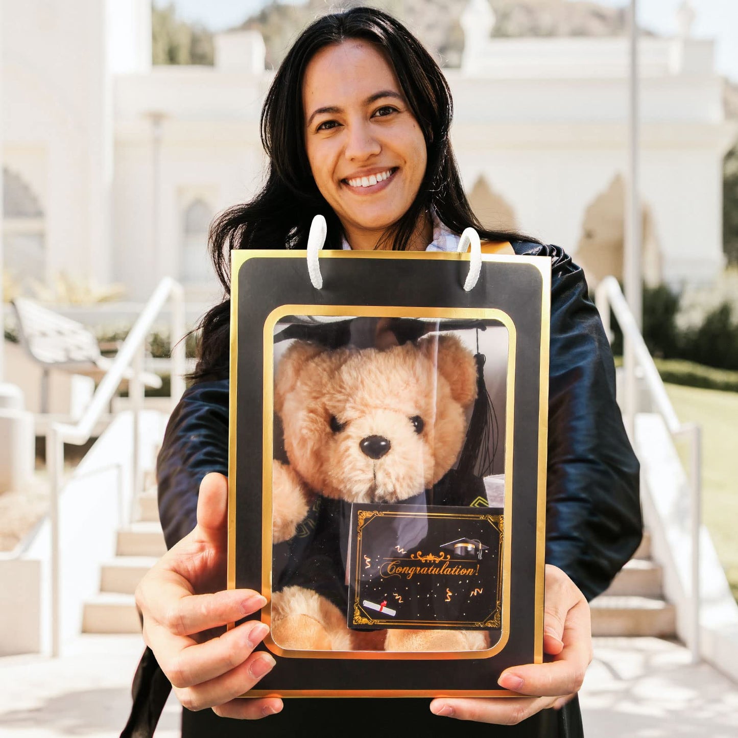 ZJoey Bear with Graduation Cap Toys Class of 2026 Plush Stuffed Teddy Bear Animal Dog Cap and Gown with Greeting Card and Bag for Graduation Day Gift(Black)