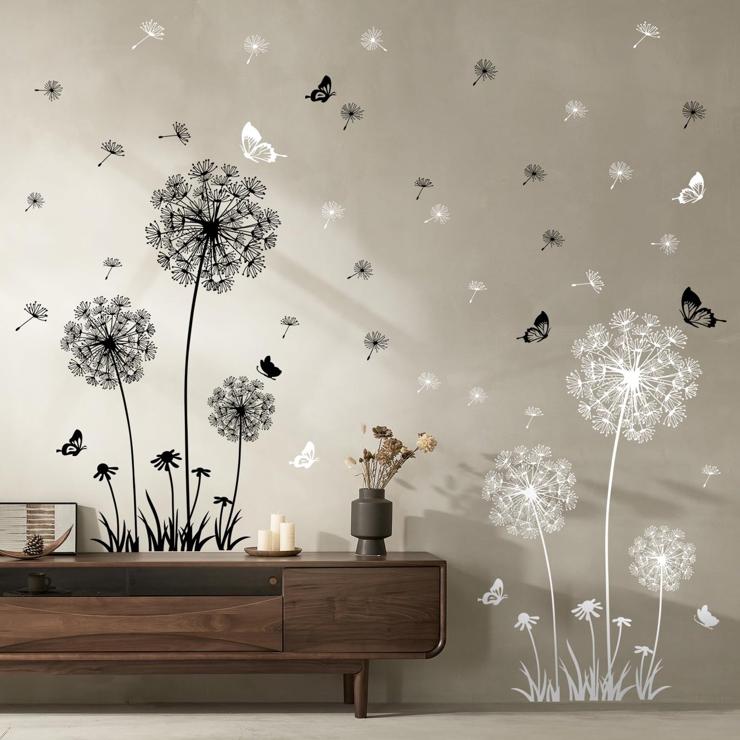 Supzone Dandelion Wall Stickers Flower Wall Decals Butterflies Flying Wall Decors Art Stickers for Bedroom Living Room Sofa Backdrop TV Wall Decor (White Black)