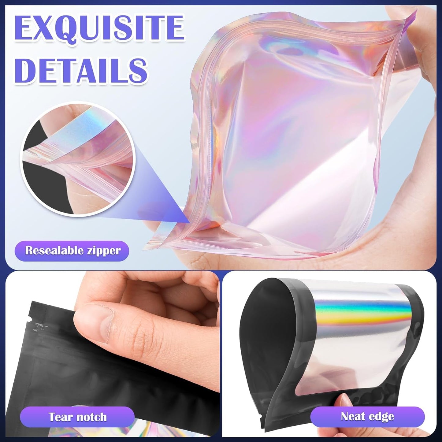 JETMORE 300 Pcs Mylar Bags, Smell Proof Bags Foil Pouch, Holographic Resealable Bags for Small Business, Candy Sample Jewelry Bag Sealable Packaging for Party Favor Food Storage (2.4x3.9in-Black)