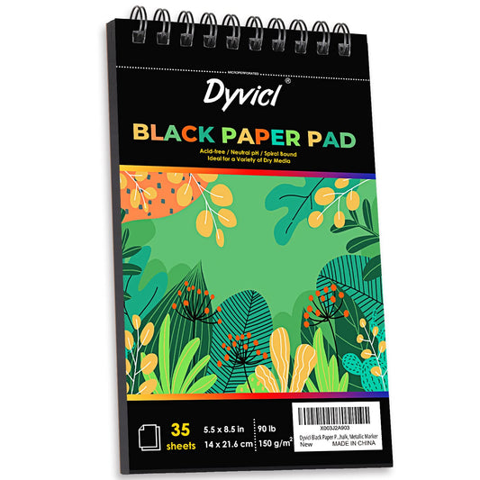 Dyvicl Black Paper Pad 5.5"x8.5" Sketch Book, 35 Sheets (90 lb/150gsm), Spiral Black Sketchbook Drawing Paper for Pencil, Pastel, White Ink Gel Pen, Charcoal, Chalk, Metallic Marker, Paint Pen