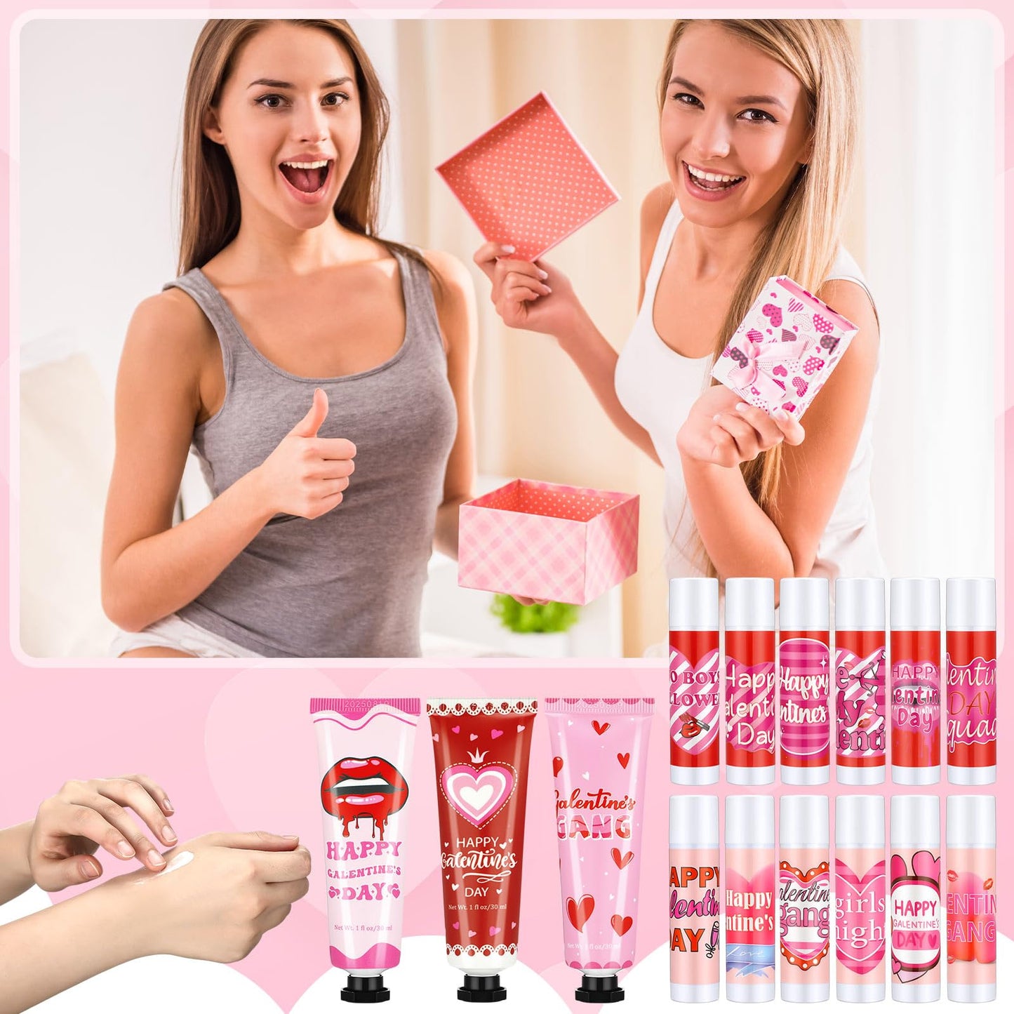 48 Pcs Galentine's Day Gifts Hand Cream and Lip Balm Bulk Set with Organza Bag Heart Happy Galentine's Day Card for Women Galentine Gift for Women Friends