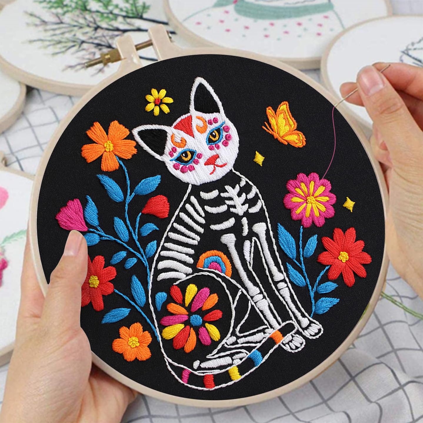 3 Sets Halloween Embroidery Kits for Beginners,Cross Stitch Kit for Adults,DIY Starters Needlepoint with Skull Flowers Pattern,Including Instruction