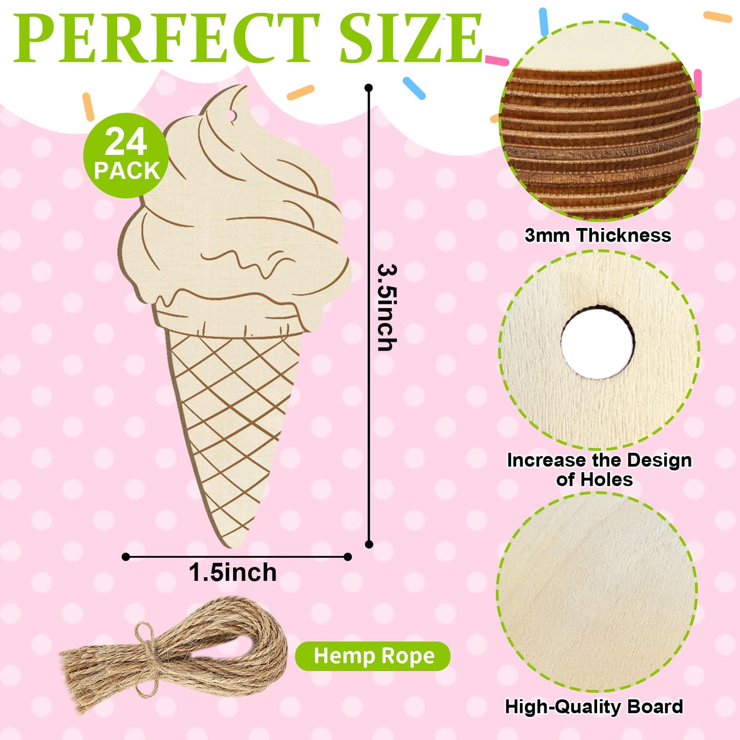Wooden Ice Cream Ornaments to Paint Summer Decoration Cutouts Unfinished 24PCS 3.5 x 3 inches, DIY Blank Wood Discs Ornament for Home Crafts Hanging Mother's Day Father's Thanksgiving Decoration