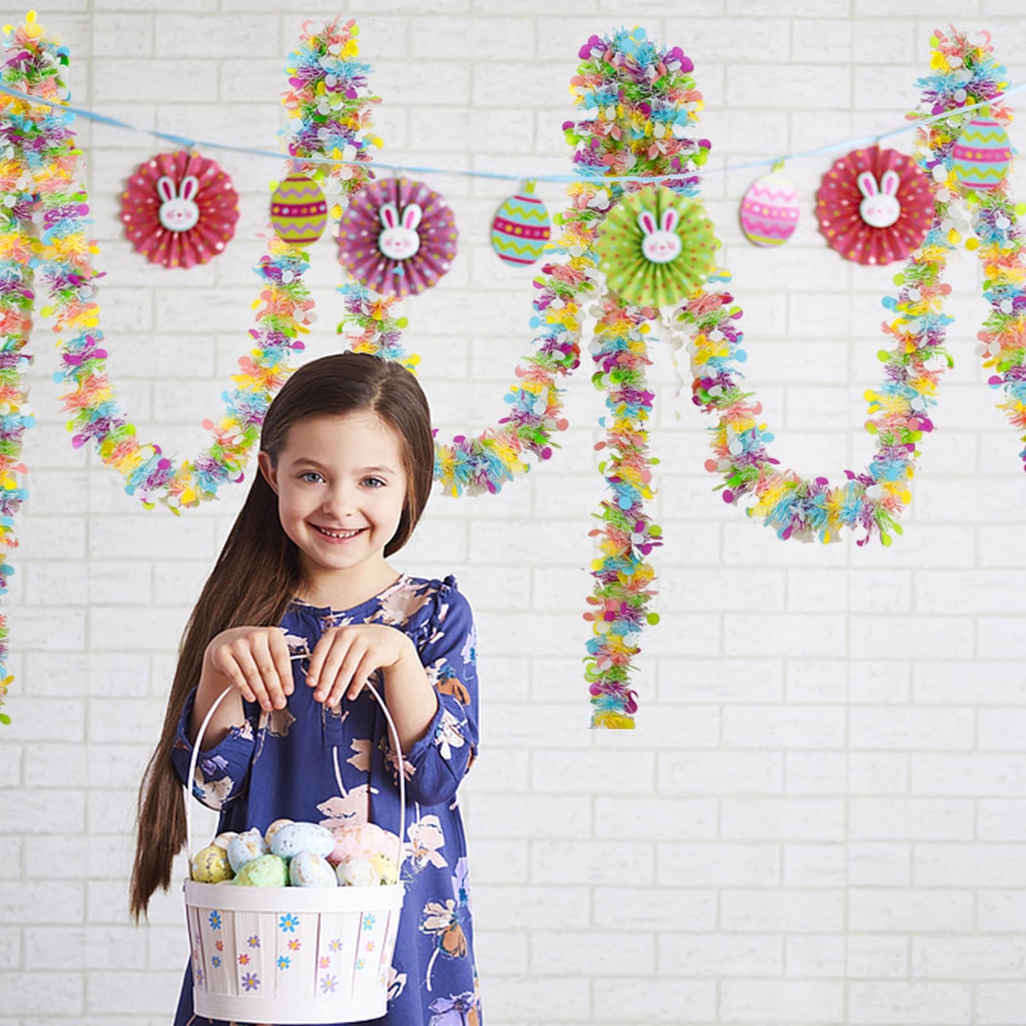 Easter Garland Decor,50Ft Glitter Tinsel Spring Garland Decorations for Tree Mantle Bedroom Office Classroom Party Indoor Outdoor Holiday Home Pink Yellow Blue Green White