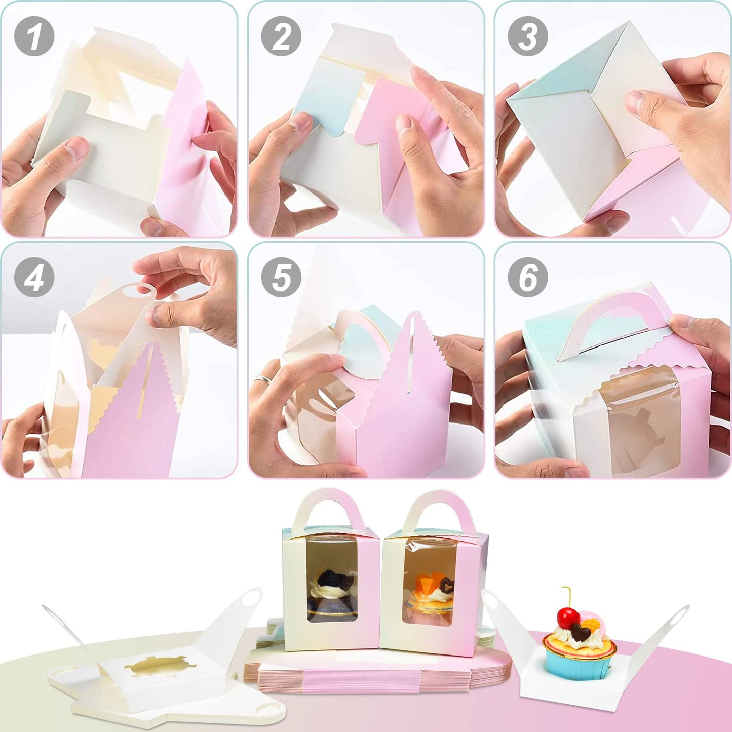 KEYIDO 30 Pcs Individual Cupcake Boxes Gradient Single Cupcake Boxes 1 Hole Cake Box with Clear Window Inserts and 2 Sheets of Stickers for Wedding Birthday Party Favors