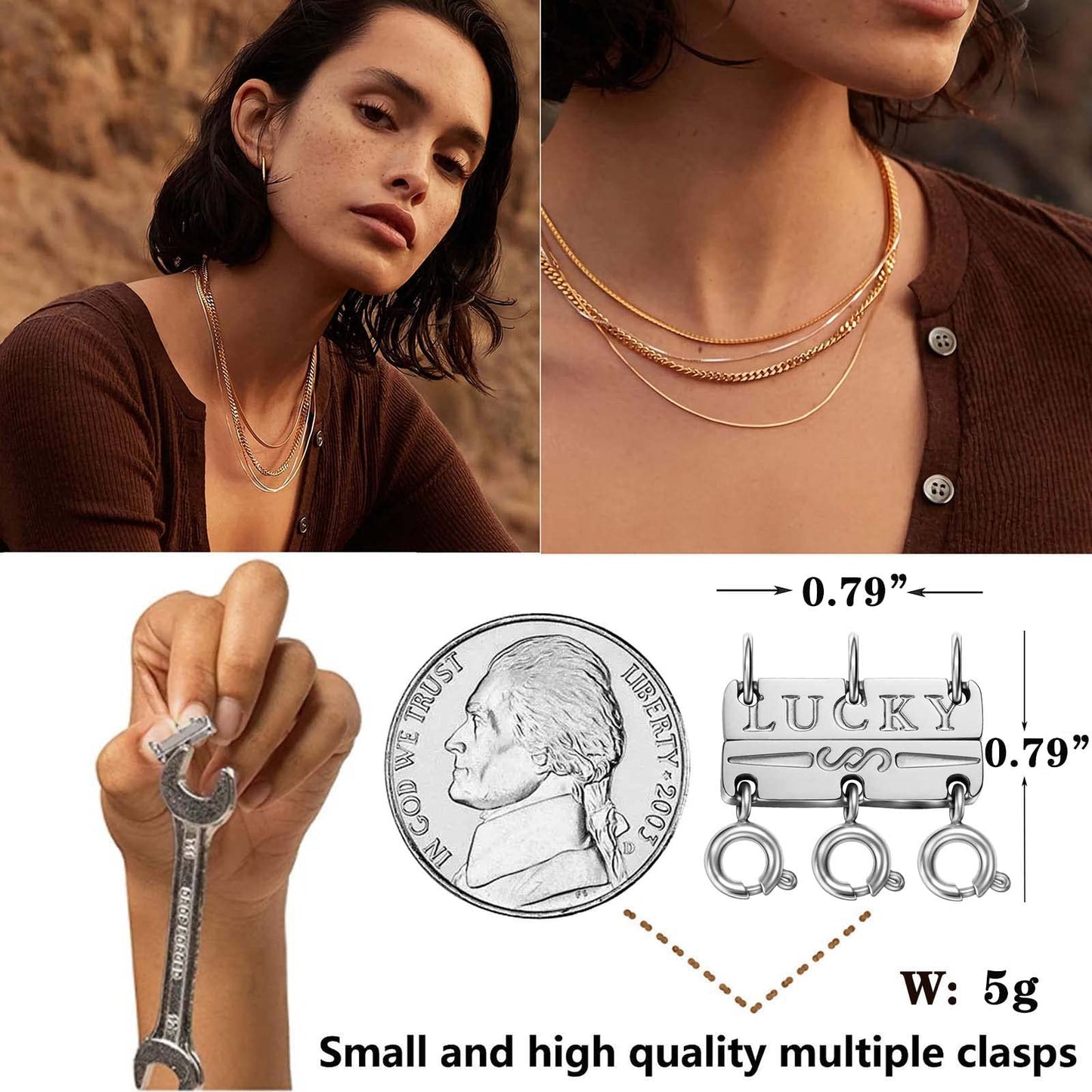 Dailyacc Lucky Necklace Layering Clasp 18K Gold and Silver Multiple Necklace Clasps for Layered Look Separator