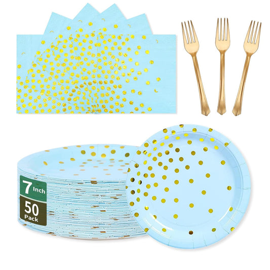 Blue Gold Paper Plates and Napkins Party Supplies - 50 x 7''Dessert Plates & 50 x 6.5''Napkins & 50 x 7.3''Forks,Disposable Tableware Set for Baby Showers,Birthday,Wedding,Bridal Shower,Anniversary
