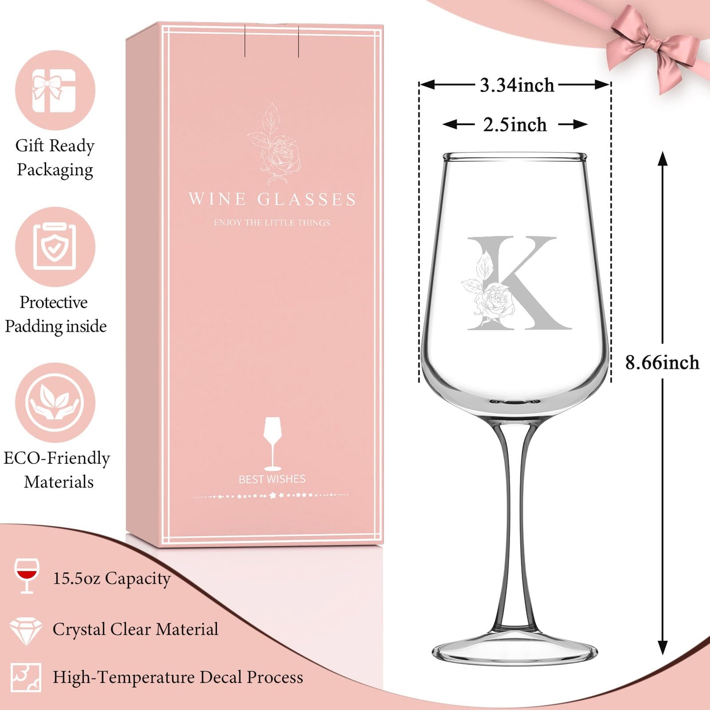 Mothers Day Gifts for Mom Grandma Wife Daughter Her, Personalized Initial Wine Glasses Custom Gift, Birthday Gifts for Women Mom Wife Best Friend Sister (K)